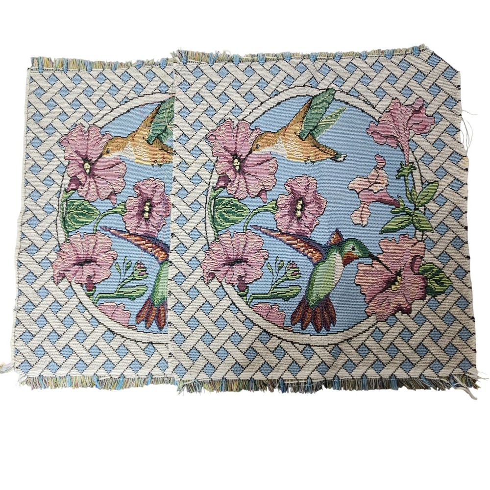 Vintage 90s Hummingbird Floral Tapestry Woven Textile Panel Cottagecore Decor